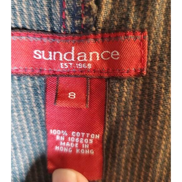 Vintage Sundance Denim Dress Bib Overall Maxi Cotton Brown Pinstripe Size 8 Y2K - Picture 2 of 11